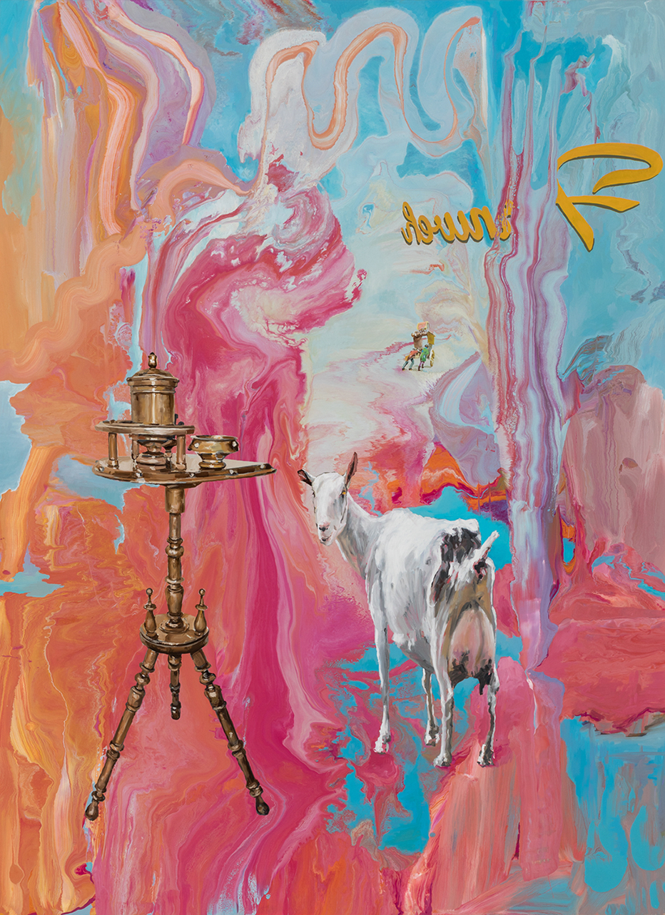 goat painting, contemporary painting, pipe stand