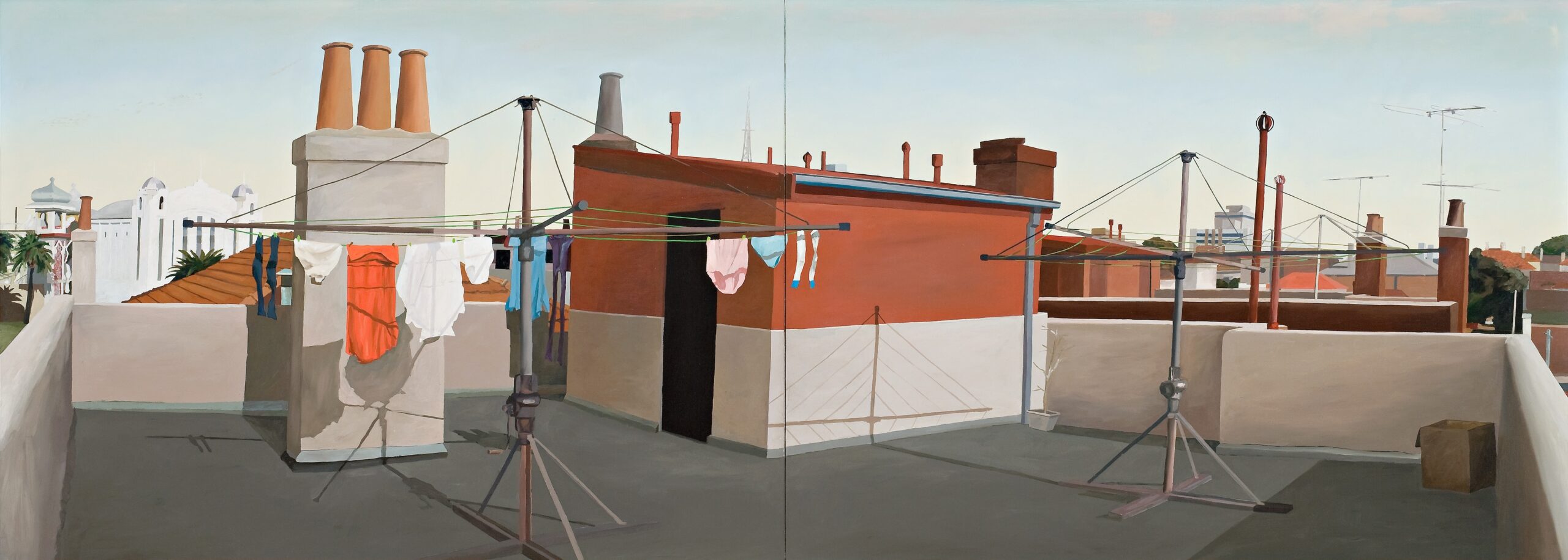 Contemporary painting by Stephen Bush of Melbourne city scape depicting a view of roof-top washing laundry in St. Kilda